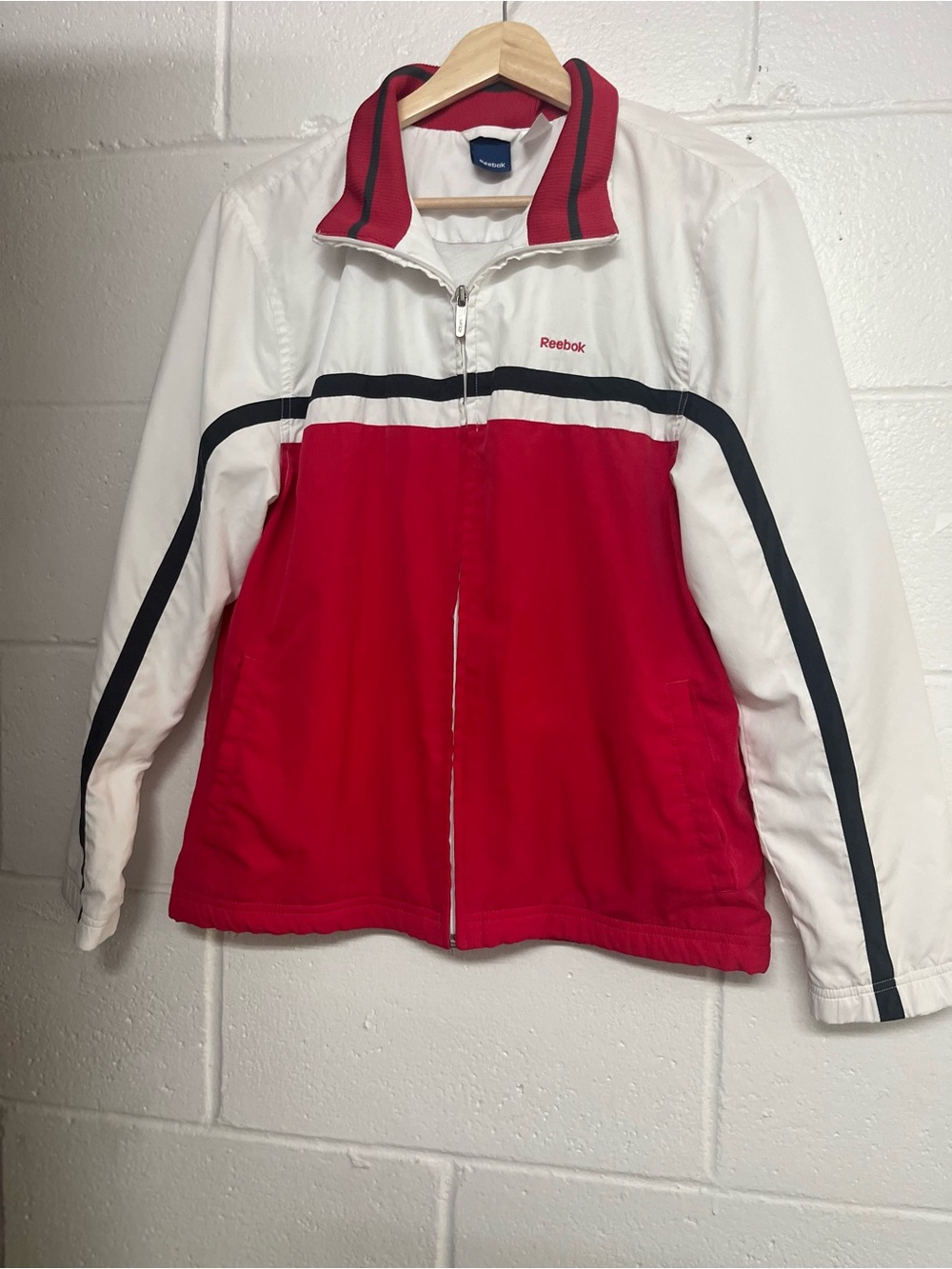 Reebok Red and White Zip-Up Track Jacket women’s medium